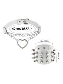 1/2PCS Unisex PU Leather Necklace And Bracelet, Spiked Chain Heart Element, Adjustable Design, Suitable All Occasions, Versatile Accessories - White - View 2