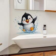 1pc Cute Penguin Swimming Wall Sticker, Self-Adhesive Waterproof PVC Material, Easy To Clean Wall Decor Sticker, Suitable For Living Room, Bedroom, Bathroom And Kitchen, Indoor Decoration And Wall Beautification - Multicolor - View 1