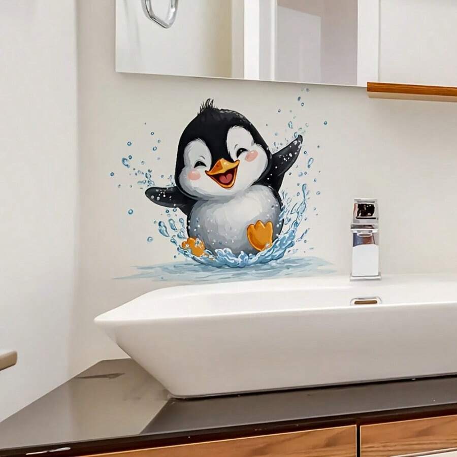 1pc Cute Penguin Swimming Wall Sticker, Self-Adhesive Waterproof PVC Material, Easy To Clean Wall Decor Sticker, Suitable For Living Room, Bedroom, Bathroom And Kitchen, Indoor Decoration And Wall Beautification - Multicolor - View 1