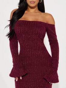 GLOURI Women's Off-The-Shoulder Burgundy Fuzzy Bodycon Dress - Long Slevees Soft Stretchy Material & Comfort-First Design| Fluffy Party Dress For Night Out, Date Night And Parties And Semi-Formal Occasions - Màu Đỏ Sâu - Xem 4