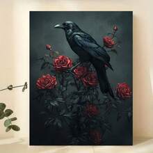 1pc 2D Flat Gothic Crow On Roses Canvas Art - Wood Framed Wall Decor, Dark Moody Raven & Red Blooms Print For Home, Office, Or Holiday Gift (Halloween, Christmas, Mother's Day), Gothic Home Decor Ready To Hang - White - View 5