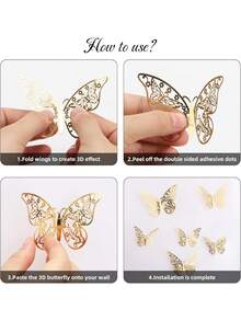 60pcs 3D Butterfly Wall Stickers, Butterfly Birthday Decorations, Butterfly Party Decorations, Cake Decorations, Nursery Decorations, Removable Stickers (Gold) Random Styles - Paper - Gold - View 5