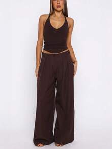 Vuslat 女士夏季休闲露背罗纹针织吊带背心，简约户外街头性感深V领女士背心，适合春季服装、外套、夏季度假、Y2K风格、休闲穿着、通勤、户外、假日穿着。 - 棕色 - 查看 10