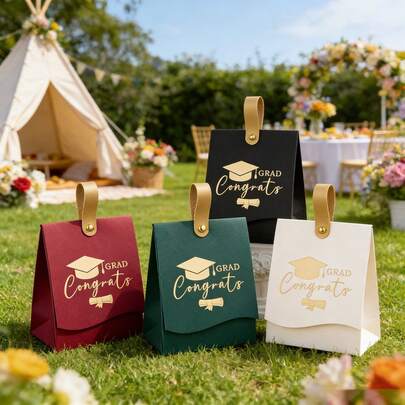 2/10/30pcs Graduation Cap Foil Gift Box, Leather Handle Graduation Party Favor Bags, Graduation Season Candy Box Table Centerpiece Decor, 2025 Graduation Medal, Dark Green