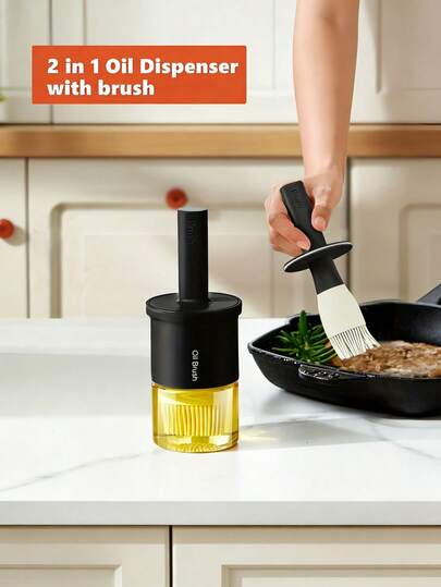 1个玻璃油瓶配硅胶刷，耐热硅胶瓶刷，便携式烧烤油刷，适用于露营烧烤、沙拉制作、烘焙、烹饪、煎炸、烘焙和聚会。家用厨房电器烹饪