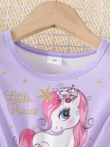 夏季少女可爱连衣裙，卡通独角兽印花拼接彩色网纱裙，荷叶边袖圆领，时尚公主风派对礼服，适合休闲、度假、派对、日常穿着 - 淡紫色 - 查看 5