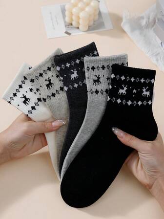 5 Pairs Women's Cute Deer Pattern Mid-Calf Socks, Elegant For Daily Wear, Spring/Autumn