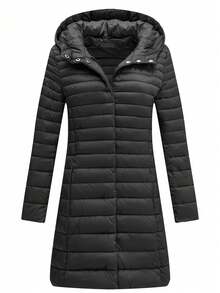 Plus Size Women Street Style Hooded Jacket With Pockets, Perfect Layering Piece For Commuting In Cold Weather, Autumn/Winter - Black - View 3