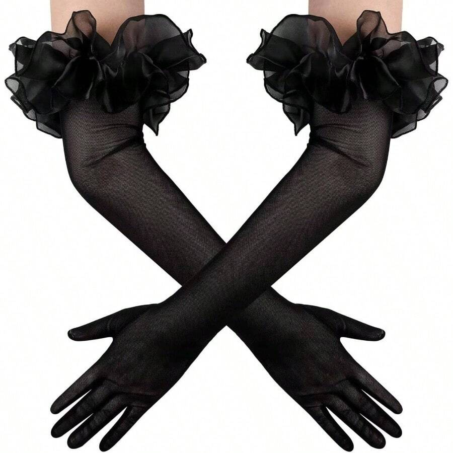Women's Long Puff Sleeve Oversize Ruffle Cuff Sheer Gloves Tulle Mesh Gloves Wedding Opera Party Costume Gloves - 黑色 - 查看 1