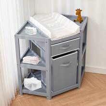 Cambiador de esquina para bebé con cajón de almacenamiento, cambiador con cambiador, cesto para ropa, organizador moderno de madera para bebés y niños pequeños. - Gris - Ver 6