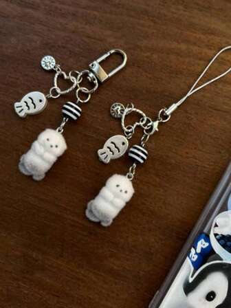 새로 디자인된 카와이 비드 씨 오터 플록 폰 랜야드, 폰 참, 폰 액세서리, 가방 참, 키체인 펜던트, Y2K 미학, 블랙 & 화이트, 오션 테마