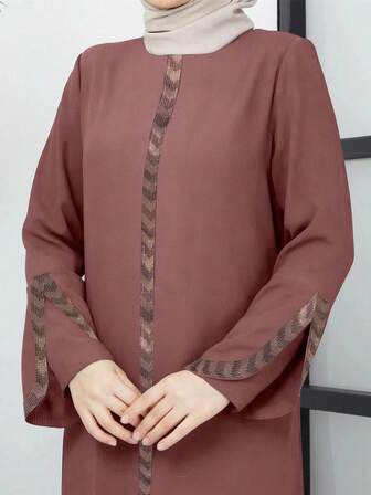 Elegante Robe Longa Feminina de Cor Sólida Estilo Europeu e do Oriente Médio, Abaya Jalabiya Luxuosa de Manga Longa com Zíper Preto e Strass