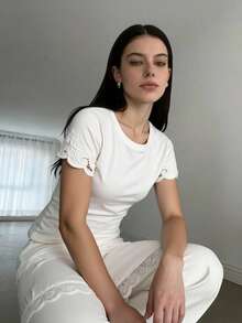 Women's Plain Blouse, Summer/Spring Style, Round Neck, With Lace, Eyelet Embroidery, Fan Shape, Ruffled Hem, Beach Style - White - View 2