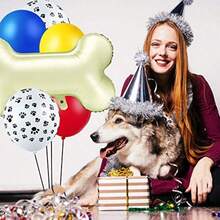 137件套红黄蓝狗爪乳胶气球拱门套装，含骨头形状铝箔气球，适用于巡逻主题生日派对背景装饰用品