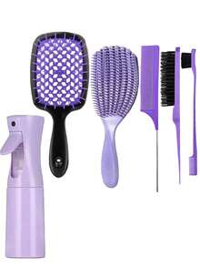 6件套女童时尚干湿两用贝壳梳组合套装，网状美发梳套装，护发刷组合套装，含200毫升连续喷雾瓶（6.8盎司/200毫升）和侧梳/摩丝尾梳造型刷套装，适用于顺滑发质、造型、清洁、美发沙龙、返校旅行度假用品、夏季 - 彩色 - 查看 14