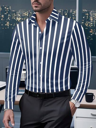 Men's Casual Outdoor Striped Long Sleeve Shirt, Men's Casual Shirt, Slim Fit Long Sleeve Shirt, Men's Solid Color High-Quality Shirt, Daily Shirt, Spring Fashion, Button-Down Shirt, Striped Shirt, Machine Washable, Fabric, Lightweight Top, Men's Shirt, Office Casual, Men's Fashion