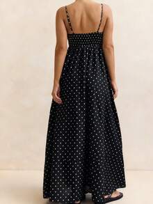 Women's Polka Dot Vest Dress With Open Back And Thin Straps Elegant Long Summer Vacation Dress Flowing Slip Dress - 黑色 - 查看 4