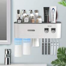 Toothbrush Holders Wall Mounted, Toothbrush Holder With Automatic Toothpaste Dispensers, 6 Brush Slots, 5 Magnetic Cups,1 Cosmetic Drawer Organizer And 1 Large Storage Tray - Grayish White - View 1
