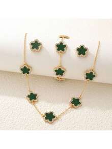 Bộ trang sức 4 món kiểu Ins-Style hình cỏ ba lá khảm vỏ sò nhiều màu sắc và đính đá rhinestone, mạ vàng (dây chuyền + vòng tay + bông tai), phụ kiện thời trang đa năng dùng hàng ngày. - bộ đồ - Xem 21