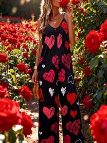 Valentine's Day New Year Elegant Women's Long Cami Jumpsuit Sleeveless Scoop Neck With Heart Print And Pockets For A Stylish Look Outfits - Màu hỗn hợp 3 - Xem 5