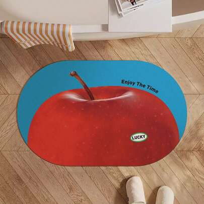 1pc 40*60cm/50*80cm Rubber Bathroom Anti-Slip Mat, Minimalist Contrasting Color Fruit Print Oval Bathroom Mat, Quick Drying Anti-Slip Floor Mat, Suitable For Bathroom, Kitchen, Entryway, Home Decor