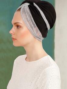 1pc Shiny Gold Metallic Headpiece For Women, Ultra-Light And Thin, Crafted With Pleated Weaving Technique - Silver Thread Black Base Splicing - View 3