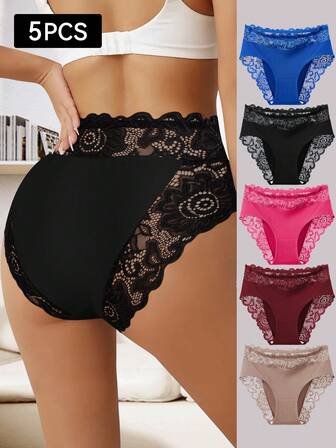 5pcs Women's Lace Trim Sexy Briefs, Comfortable Fabric, Skin-Friendly, Breathable, Mid-Rise With Super Elasticity