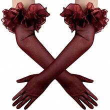 Women's Long Puff Sleeve Oversize Ruffle Cuff Sheer Gloves Tulle Mesh Gloves Wedding Opera Party Costume Gloves - 酒紅色 - 查看 1