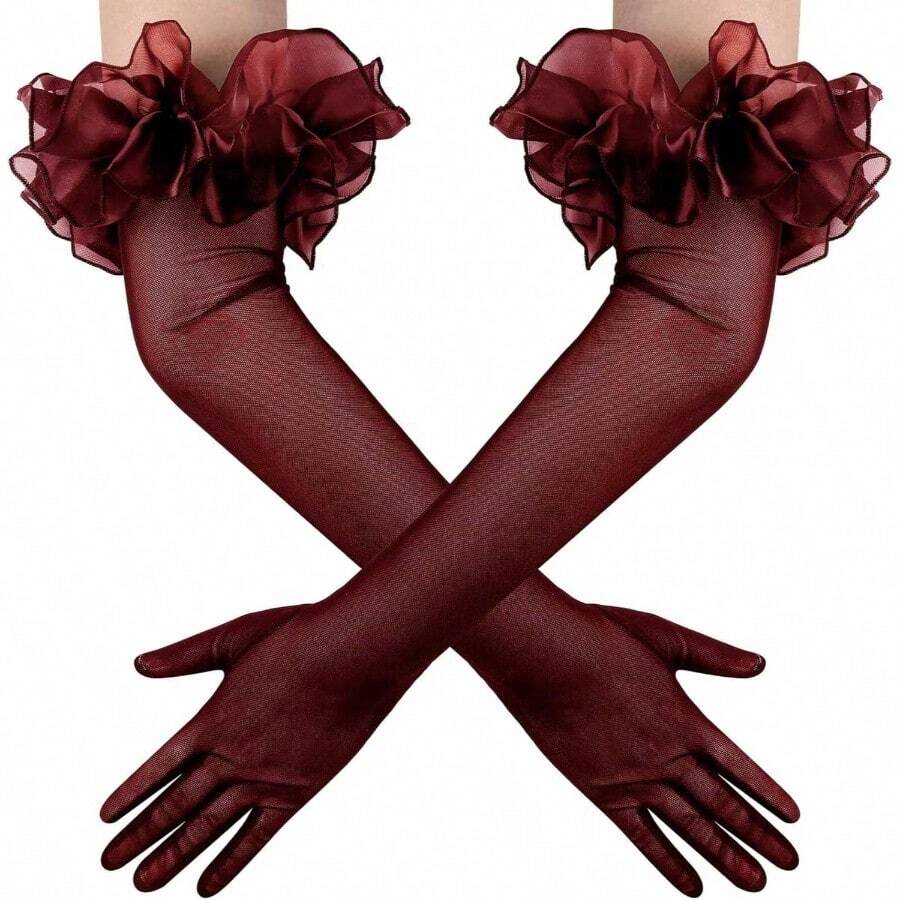 Women's Long Puff Sleeve Oversize Ruffle Cuff Sheer Gloves Tulle Mesh Gloves Wedding Opera Party Costume Gloves - 酒紅色 - 查看 1