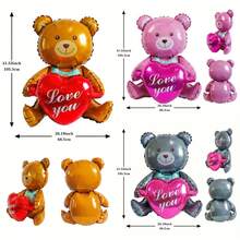 3pcs Mixed Color Valentine's Day Teddy Bear Hugging Heart Balloon, Wedding Teddy Bear "Love You" Heart Foil Balloon, Valentine's Day, Wedding, Engagement, Bridal Shower, Anniversary Party Decorative Balloons - Multicolor - View 4