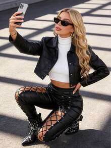 Women's PU Leather Lace-Up Cutout High Waist Skinny Pants,Size Up For Best Fit - 黑色 - 查看 7