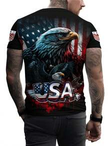 Men's 3D All-Over Print USA Flag & Eagle Patriotic T-Shirt - Heavyweight 4th Of July Shirt With 3D Bald Eagle & American Flag Design, Red/White/Blue Colors, Casual Round Neck Short Sleeve Tee For Independence Day, Casual Attire & Themed Events - Machine Washable, Comfortable Fit, Ideal For Men's Fashion & Patriotic Celebrations, Featuring USA Lettering & Eagle Motif, PLUS SIZE - 彩色 - 查看 2