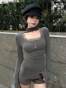 法式优雅黑色蕾丝长袖T恤，女士高端叠穿上衣，秋冬春季 - 灰色 - 查看 3