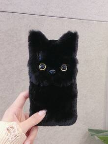 可爱毛绒猫咪软壳手机壳，保暖冬季保护套，兼容 17 Pro Max、16 Plus，防摔 - 黑色 - 查看 5