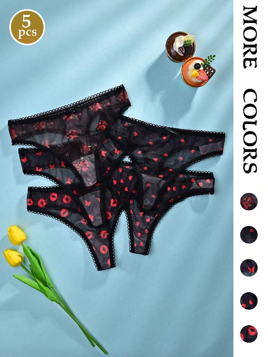5pcs Women's Thong Panties - Black Solid, Sexy Red Floral, Waist Ruched Ruffle Trim - Black - View 1