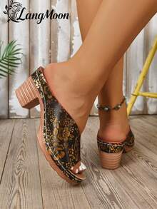 LangMoon 2026 Black & Gold Embossed Thick Heel Slides, Luxurious Embossed Floral Pattern Vamp + Stabilizing Thick Heel, High-Appearing Yet Comfortable, Anti-Slip & Durable Outsole, Elegant & Eye-Catching For Dates, Commute, Parties, Spring/Summer - Black-flower - View 7