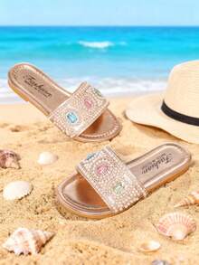 1 Pair Girls' Beach Slippers, Colorful Gemstone Geometric Pattern With Pearl Decor, Faux Leather Material, Non-Slip Sole, Open Toe Flat Style, Luxurious Resort Vibe, Suitable For Summer Beach And Strolling - Champagne - View 3