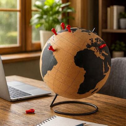 RIMEMO Decorative Cork Globe With Push Pins - Minimalist Black Continents & Constellation Design, Cork Globe For Home & Office Decor, Includes Push Pins