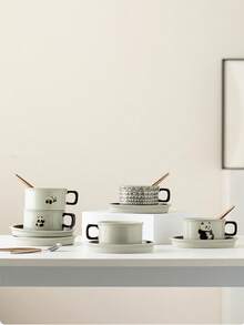 1 Set Ceramic 200ml Latte Art Coffee Cup With Saucer, High-Quality Cute Couple Mugs, Personalized Milk Tea Cup, Creative Office Cup With Spoon, Hanging Ear Cup With Plate, Chinese Tea Set