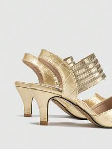 Women's Pointed Toe Asymmetrical Party Gathering Elastic Band Embossed Stiletto High Heel Pumps, Spring/Summer - Gold - View 8