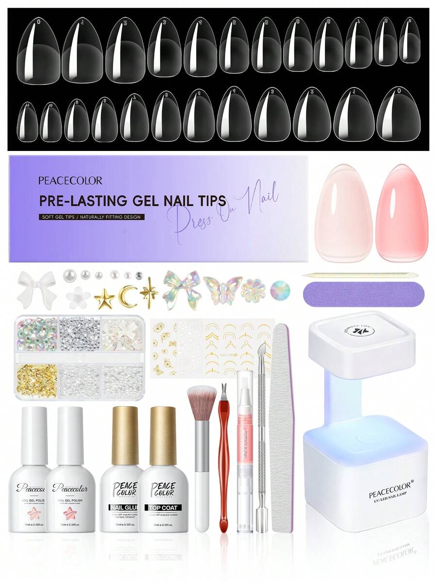 PEACECOLOR 14Pcs Clear Nail Tips Starter Kit-2Pcs Jelly Nail Gel Polish 10ML With Portable UV LED Lamp Base Top Coat Firmly Adhered Nail Tips Long-Lasting Shiny Nail Gel Polishes-Creative Art Nail Art Set - 01 - 查看 1
