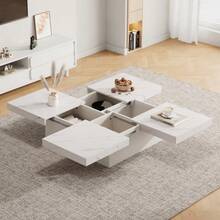 Modern White Square Coffee Table With Marble Look, 90 X 90 X 25 Cm – Old Drawers, Sliding Tabletop, Load Capacity Up To 30 Kg - White - View 12