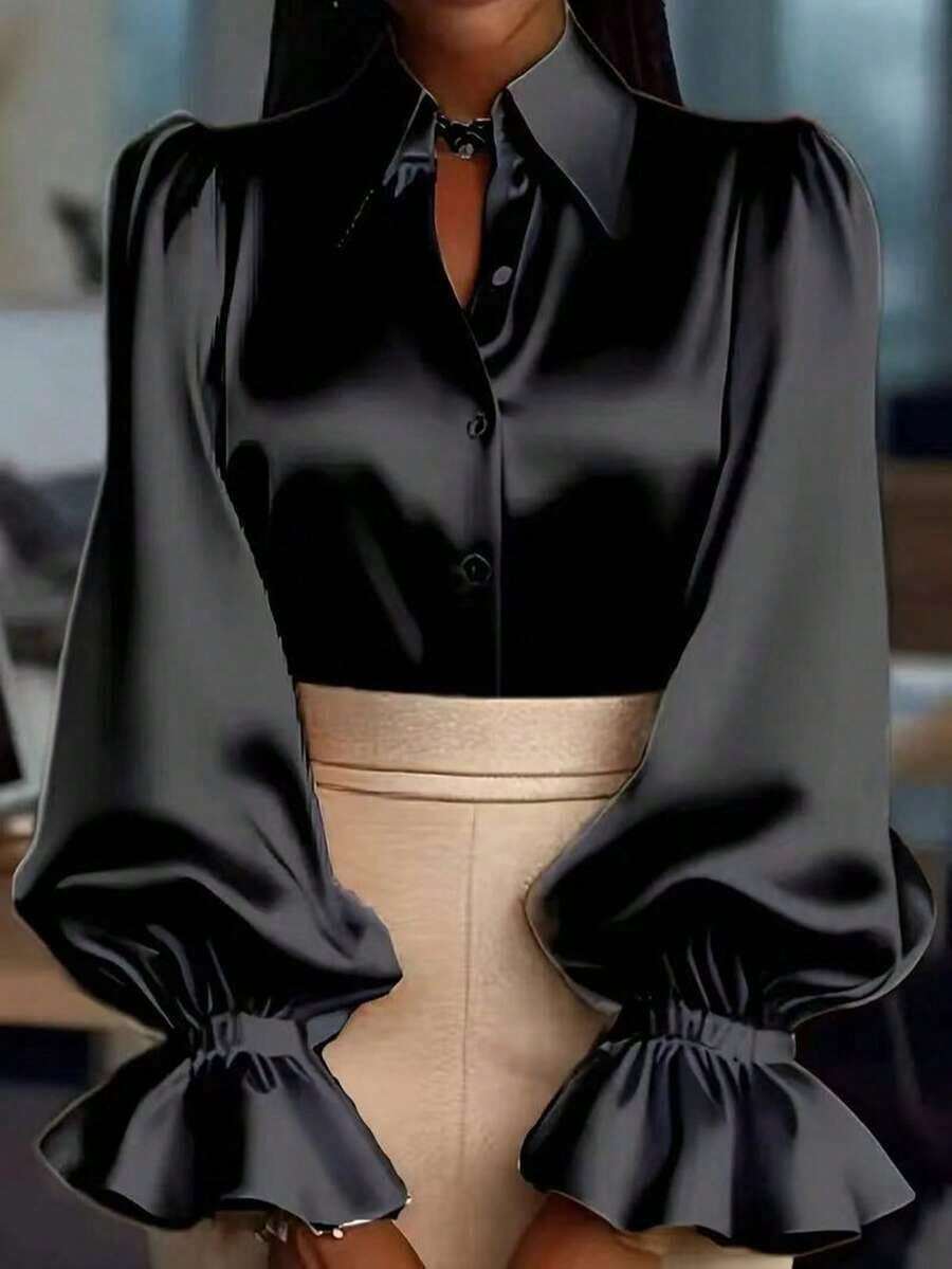 Women's Satin Button-Down Shirt, Long Sleeve, V-Neck, Lantern Sleeve, Loose Fit, Casual/Office Wear, Spring/Summer/Autumn - 黑色 - 查看 1