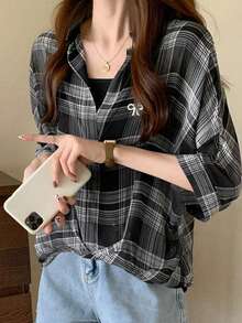 2026春夏格子印花女士休闲短袖衬衫 - 黑色 - 查看 2