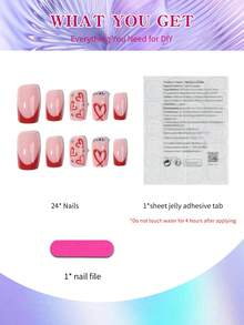 24片短方形心形水钻美甲贴纸，包含1瓶果冻胶和1把指甲锉，非常适合情人节法式美甲，适合女性和女孩日常佩戴，也适合派对和舞会等场合。 - 彩色 - 查看 2