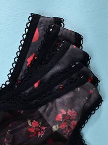 5pcs Women's Thong Panties - Black Solid, Sexy Red Floral, Waist Ruched Ruffle Trim - Black - View 5