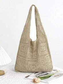 Minimalist Crochet Hollow Design Tote Bag, Large Capacity And Portable, Suitable For Teenagers, Women, College Students, Office Workers, Ideal For Work, Back To School, Middle School, High School, University, Vacation. Can Be Perfectly Matched With Crochet Sets, A Must-Have Item For Vacation, Can Also Be Perfectly Matched With Beach Accessories. This Bag Is One Of The Most Popular Beach Bags For Women, Also A Beach Essential, Beach Supplies And Summer Essential. It Is The Perfect Choice For Summer, Vacation And Beach, Also The Latest Holiday Bag. - Khaki - View 5