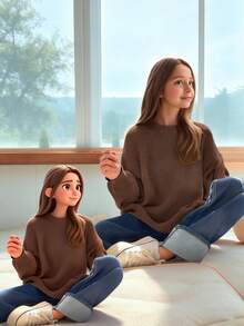 1 szt. Dziewczęcy, luźny, gruby sweter, wygodny sweter dla studentki na jesień/zimę - miękki i wygodny sweter w jednolitym kolorze, brązowy sweter dzianinowy - Kawowy brązowy - Zobacz 7