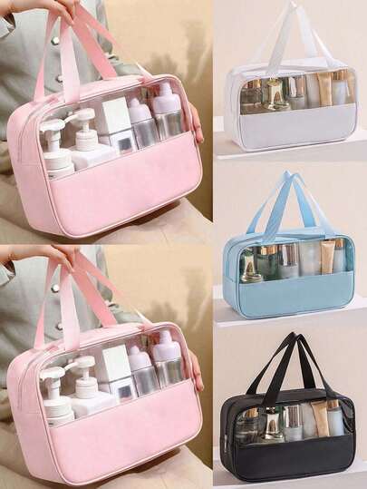 1pc Transparent PVC Makeup Bag, Letter Decor Toiletry Organizer Bag, Cosmetic Brush Holder, Large Capacity Makeup Pouch, Beach Bag, Cosmetic Bag, Travel Essential, Gift For Women, Christmas Gift, Birthday Gift