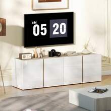Meuble TV pour téléviseurs 65 pouces, support TV avec portes à fermeture amortie, étagères réglables, passe-câbles, pour salon, blanc - Blanc - Voir 9